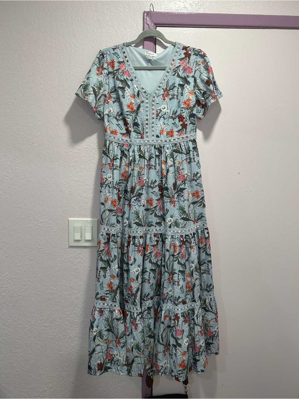 Light Blue Floral V-Neck Tiered Maxi Dress
